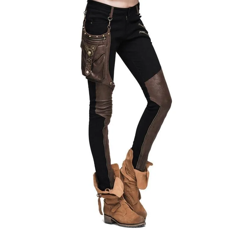 Women's Skinny Punk Pants With Leather Patches