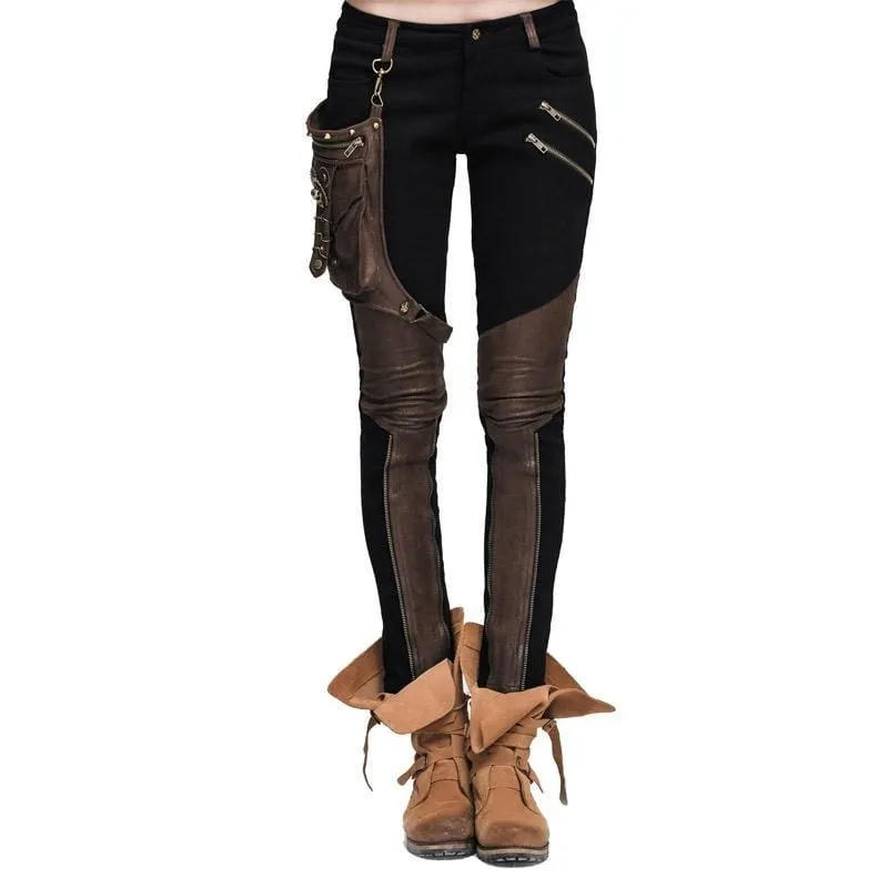 Women's Skinny Punk Pants With Leather Patches