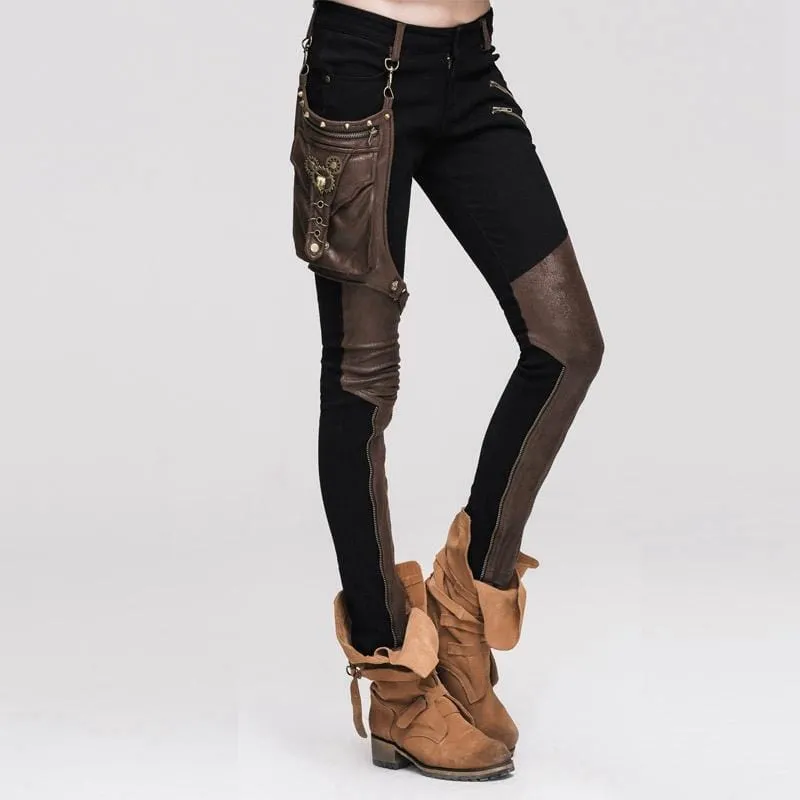 Women's Skinny Punk Pants With Leather Patches