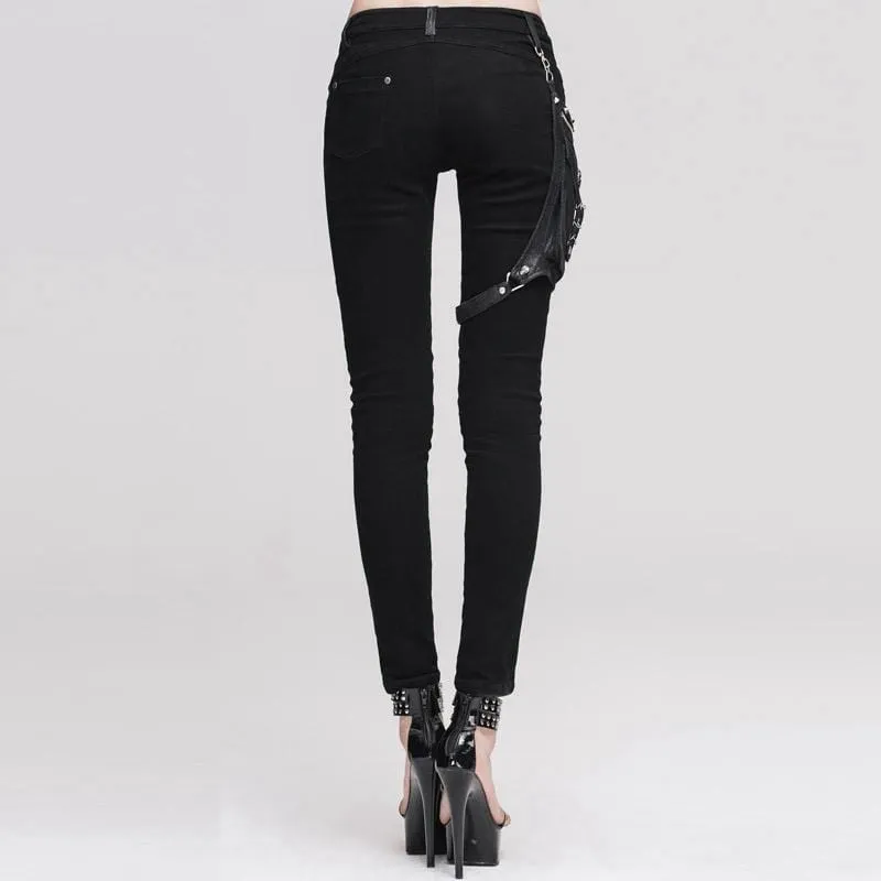 Women's Skinny Punk Pants With Leather Patches