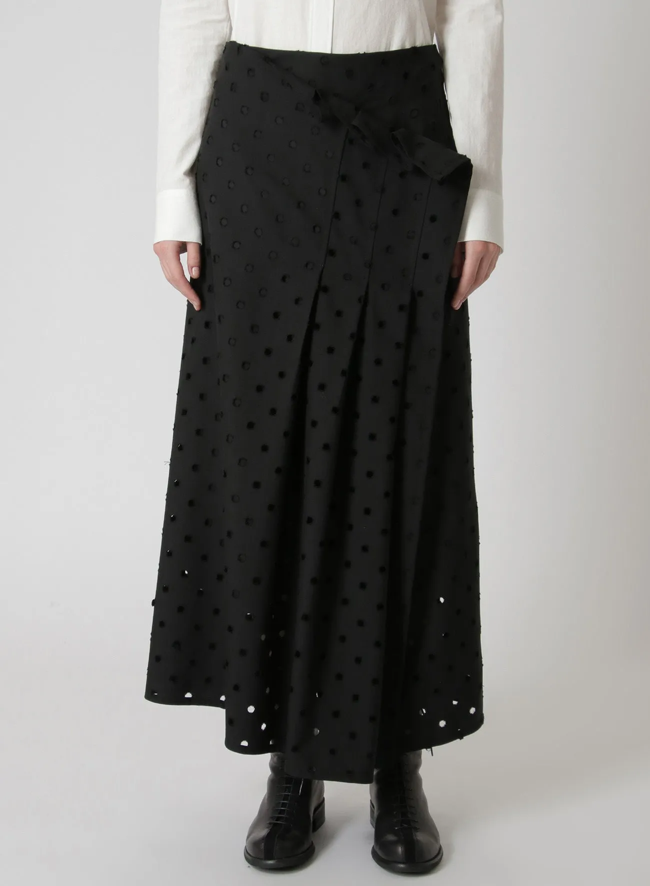 WOOL/POLYESTER GABARDINE PLEATED WRAP SKIRT